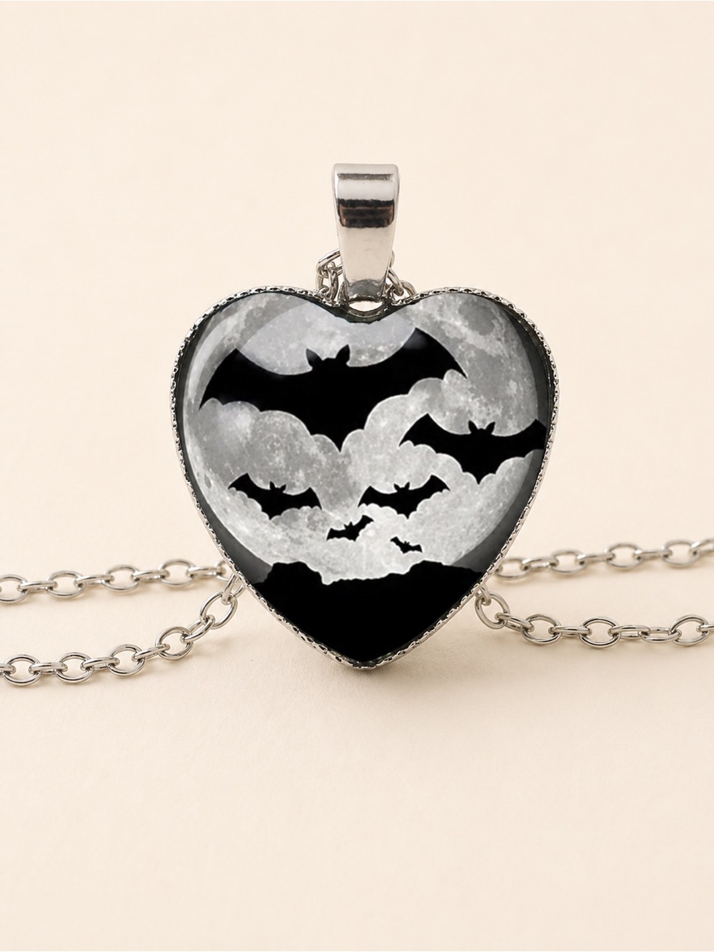Dome Shape Heart Silver & Black Bat Necklace – Gothic Moon Glass Pendant